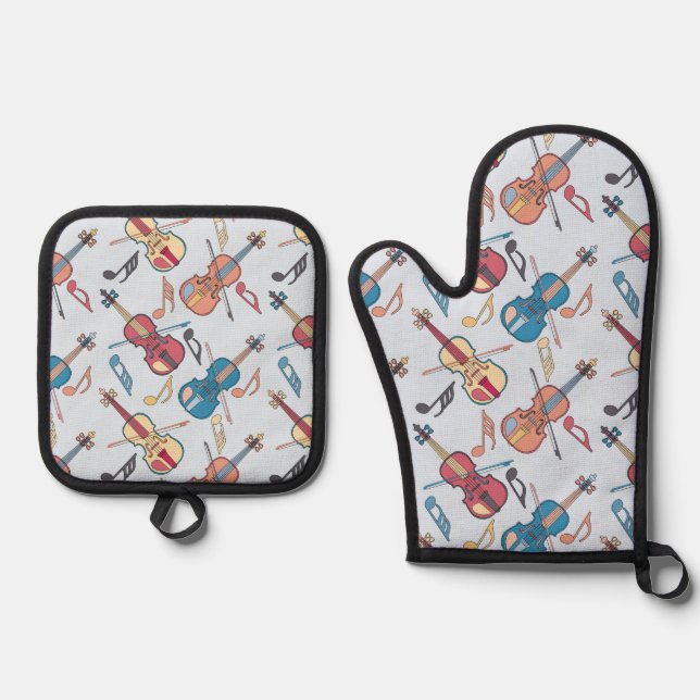Angled Violin and Music Notes Oven Mitt & Pot Holder Set (Front)