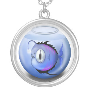 Angler fish aquarium fish bowl cute cartoon blue silver plated necklace