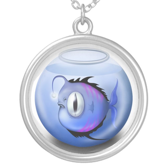 Angler fish aquarium fish bowl cute cartoon blue silver plated necklace (Front)