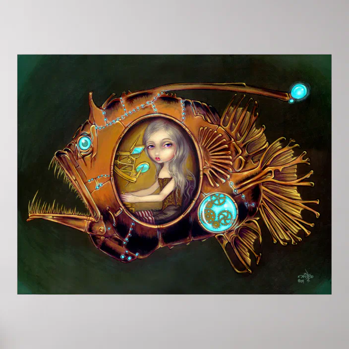 Metallic Finish Steampunk Fantasy Art Fish Illustration Print Wall Art