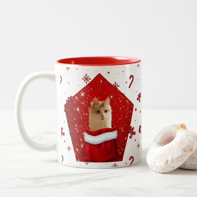 Angora Cat Christmas  Two-Tone Coffee Mug (With Donut)