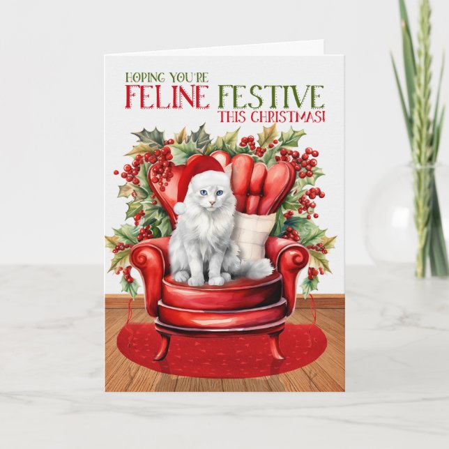 Angora Christmas Cat FELINE Festive Holiday Card (Front)