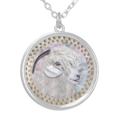 Angora Goat AngelFace Painted Portrait Silver Plated Necklace