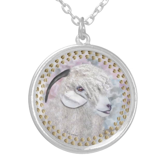 Angora Goat AngelFace Painted Portrait Silver Plated Necklace (Front)