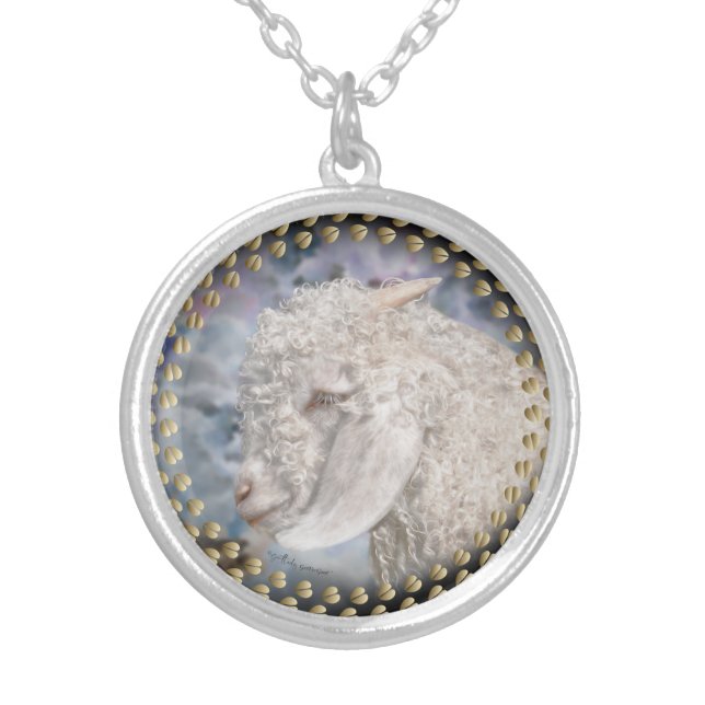 Angora Goat  Kid Painted Portrait Silver Plated Necklace (Front)