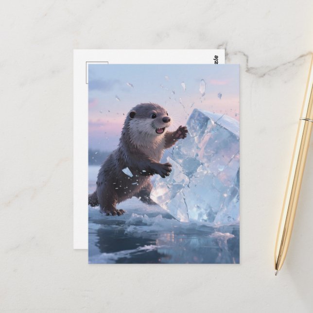Angry Adorable otter breaking an ice block  Postcard (Front/Back In Situ)