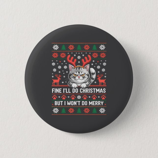 Angry Antler Cat Funny Xmas Ugly Sweater Long Slee Button (Front)