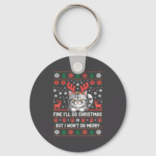Angry Antler Cat Funny Xmas Ugly Sweater Long Slee Keychain