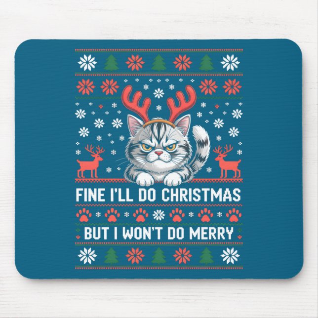 Angry Antler Cat Funny Xmas Ugly Sweater Long Slee Mouse Pad (Front)