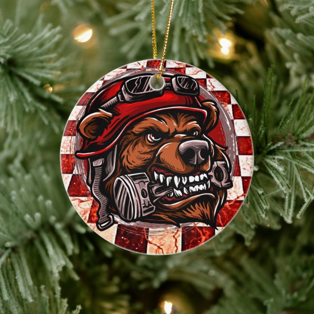 Angry Biker Bear Retro Racing Ornament (Tree)