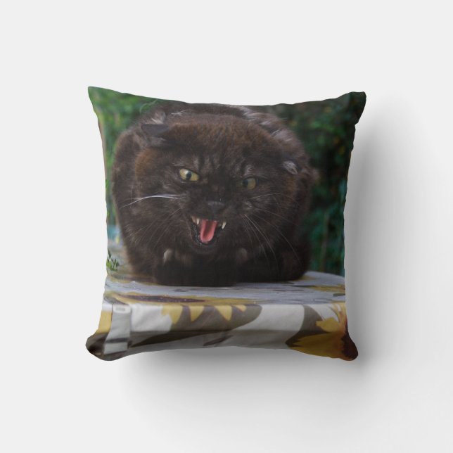 Angry Black Cat Throw Pillow (Front)