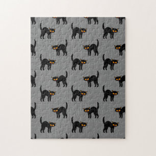 Angry Black Cat Yellow Eyes Gray Halloween Gifts Jigsaw Puzzle
