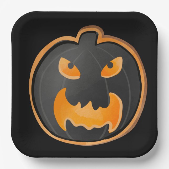ANGRY BLACK ORANGE HALLOWEEN PUMPKIN PAPER PLATES (Front)