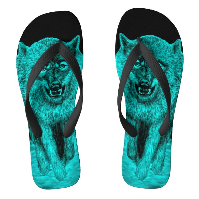 Angry Black Wolf in the Night Flip Flops (Footbed)