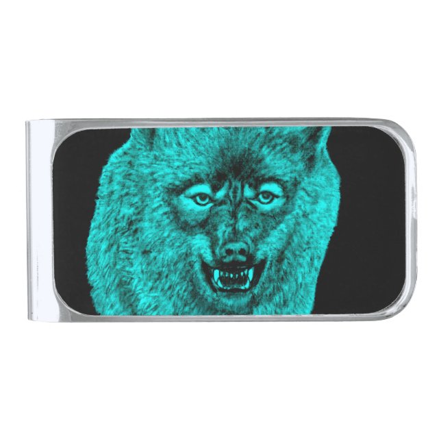 Angry Black Wolf in the Night Silver Finish Money Clip (Front)