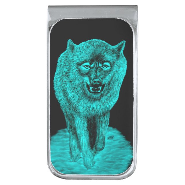 Angry Black Wolf in the Night Silver Finish Money Clip (Front Vertical)