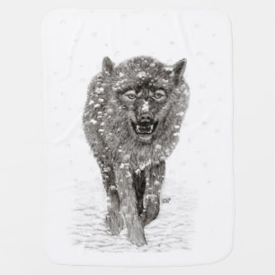 Angry Black Wolf in the Snow , wild Winter Baby Blanket