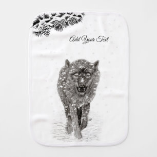 Angry Black Wolf in the Snow , wild Winter Baby Burp Cloth