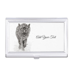 Angry Black Wolf in the Snow , wild Winter Business Card Case