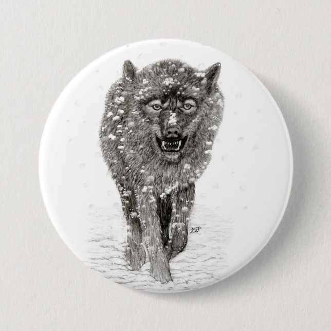 Angry Black Wolf in the Snow , wild Winter Button (Front)