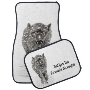 Angry Black Wolf in the Snow , wild Winter Car Floor Mat