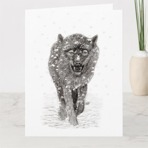 Angry Black Wolf in the Snow  wild Winter Card