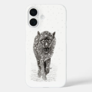 Angry Black Wolf in the Snow , wild Winter iPhone 16 Case