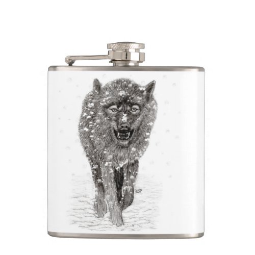 Angry Black Wolf in the Snow  wild Winter Flask