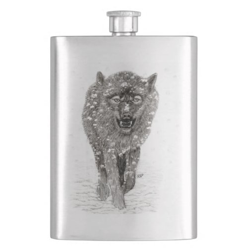 Angry Black Wolf in the Snow  wild Winter Flask