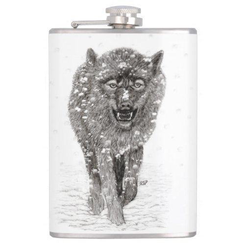 Angry Black Wolf in the Snow  wild Winter Flask