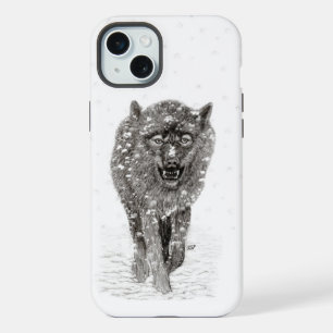 Angry Black Wolf in the Snow , wild Winter iPhone 15 Plus Case