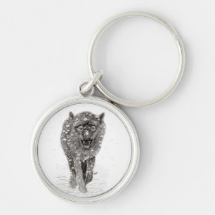 Angry Black Wolf in the Snow , wild Winter Keychain