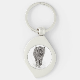 Angry Black Wolf in the Snow , wild Winter Keychain