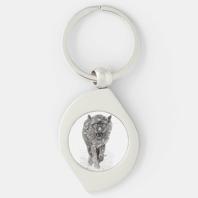 Angry Black Wolf in the Snow , wild Winter Keychain (Front)