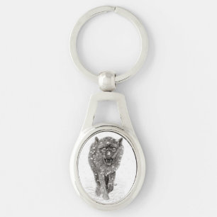 Angry Black Wolf in the Snow , wild Winter Keychain