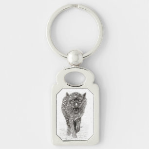 Angry Black Wolf in the Snow , wild Winter Keychain