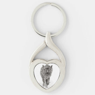 Angry Black Wolf in the Snow , wild Winter Keychain
