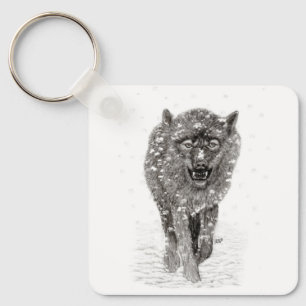 Angry Black Wolf in the Snow , wild Winter Keychain