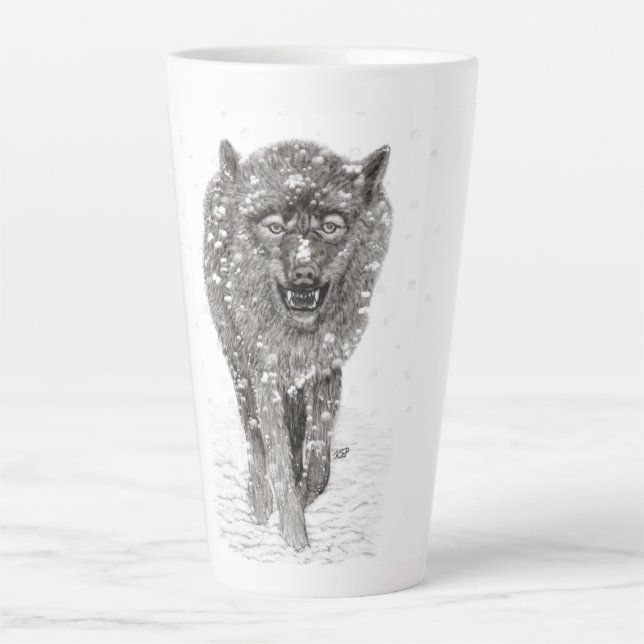 Angry Black Wolf in the Snow , wild Winter Latte Mug (Front)