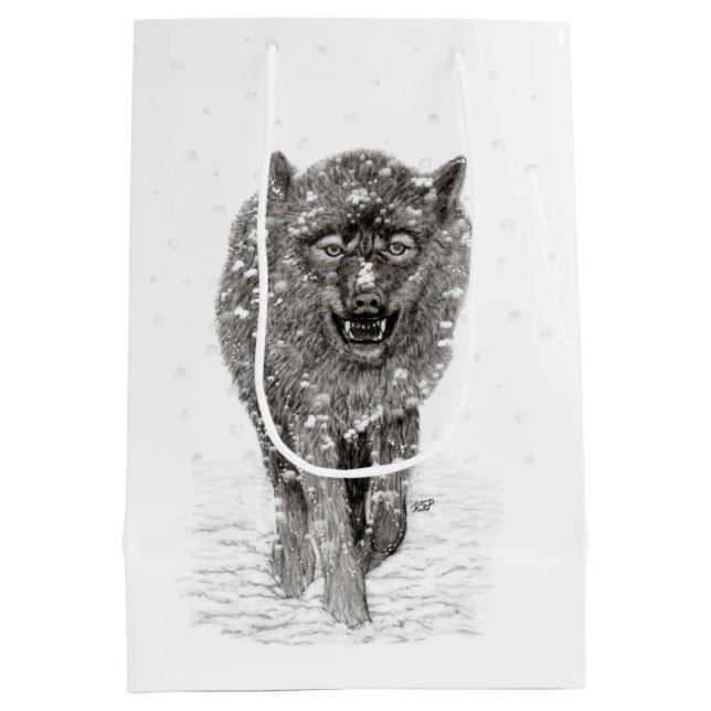 Angry Black Wolf in the Snow , wild Winter Medium Gift Bag (Back)