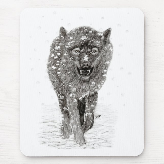 Angry Black Wolf in the Snow , wild Winter Mouse Pad (Front)