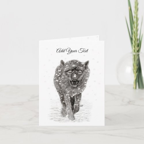 Angry Black Wolf in the Snow  wild Winter Note Card