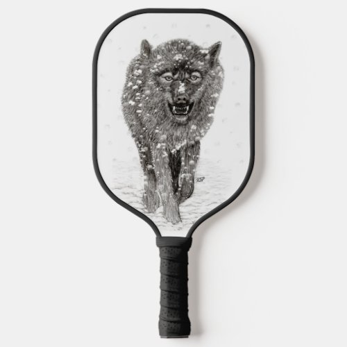 Angry Black Wolf in the Snow  wild Winter Pickleball Paddle