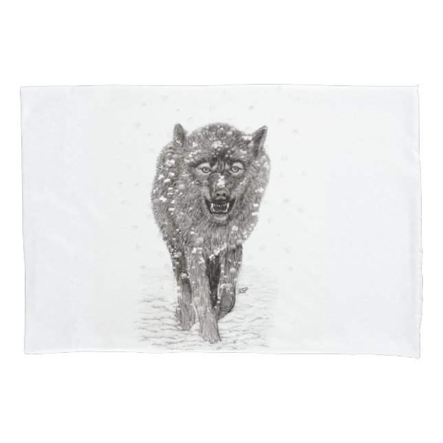 Angry Black Wolf in the Snow , wild Winter Pillow Case (Front)