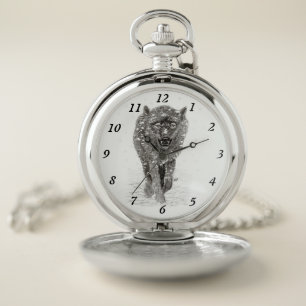 Angry Black Wolf in the Snow , wild Winter Pocket Watch