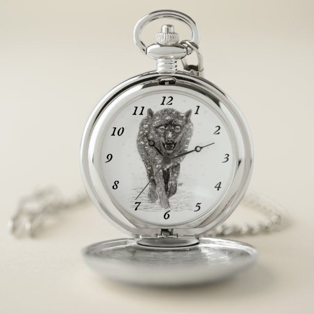 Angry Black Wolf in the Snow , wild Winter Pocket Watch (Inside)