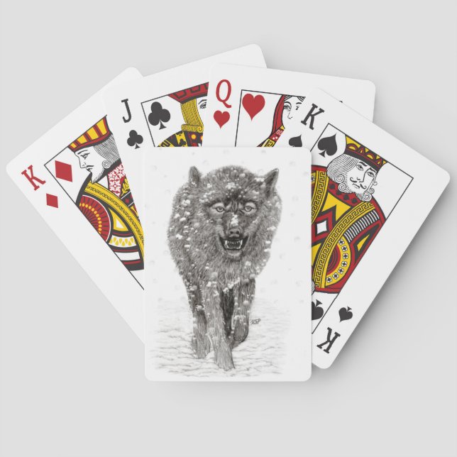Angry Black Wolf in the Snow , wild Winter Poker Cards (Back)