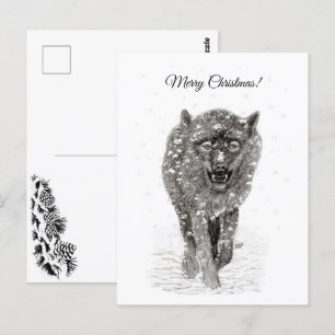 Angry Black Wolf in the Snow , wild Winter Postcard