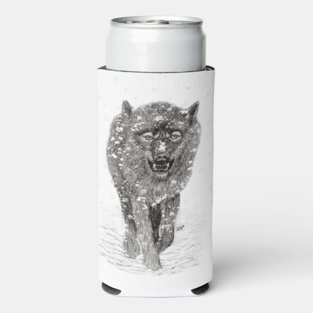 Angry Black Wolf in the Snow , wild Winter Seltzer Can Cooler (Seltzer Back)