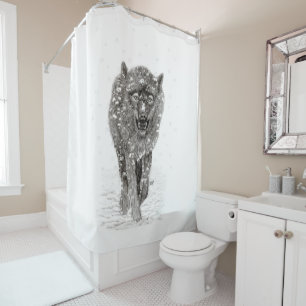 Angry Black Wolf in the Snow , wild Winter Shower Curtain